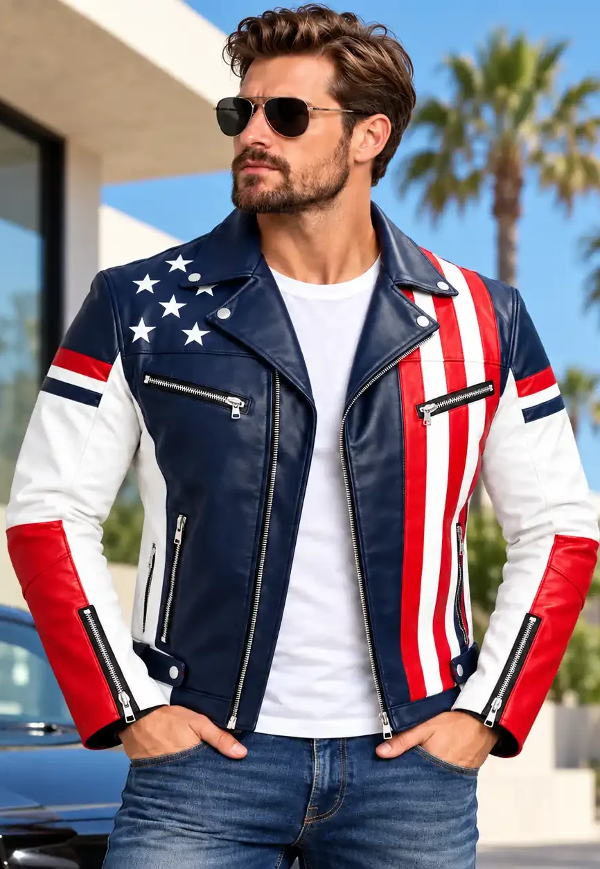Captain America USA Flag Leather Biker Jacket