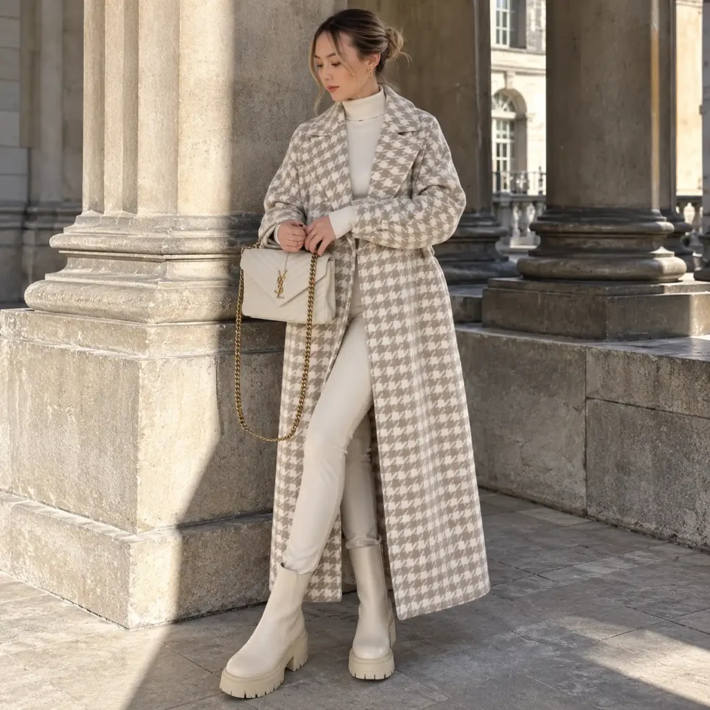 Cruella de Vil Beige Houndstooth Maxi Wool Coat