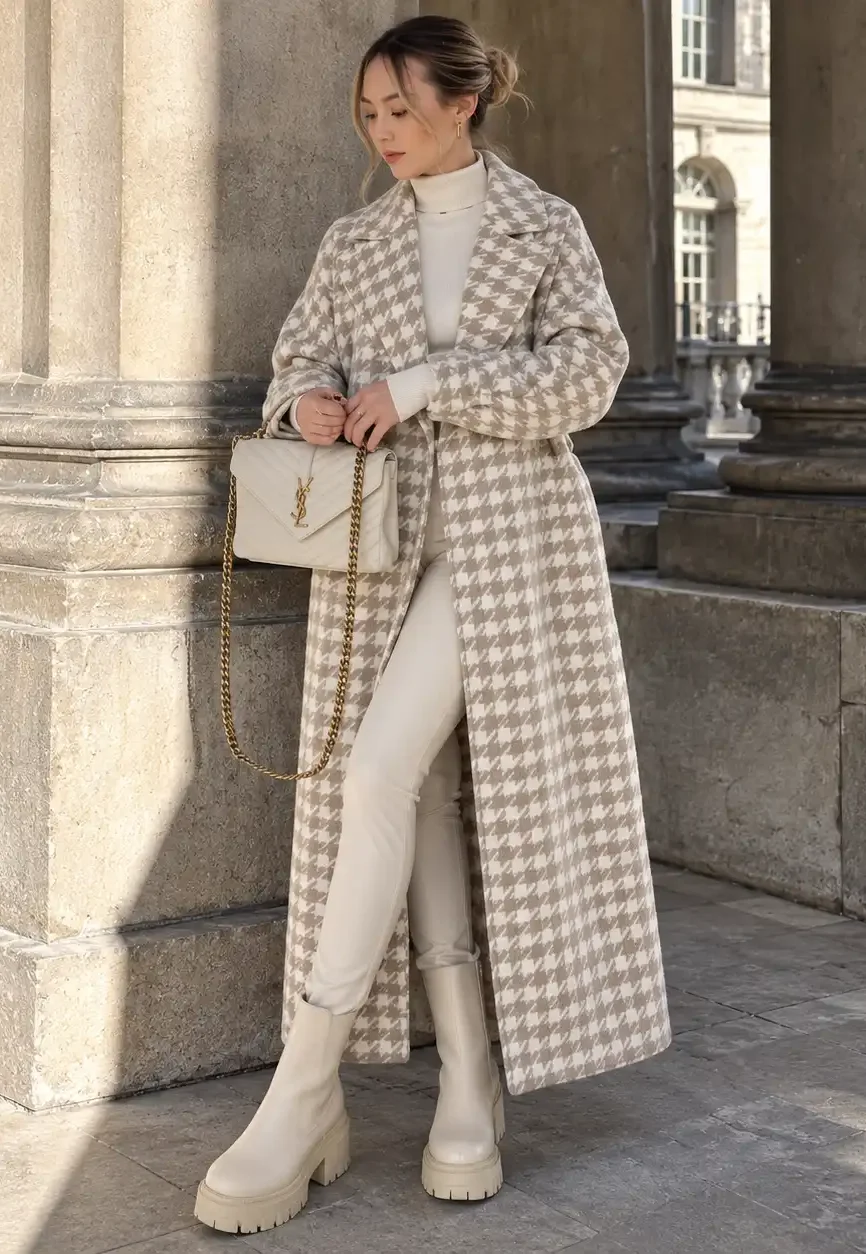 Cruella de Vil Beige Houndstooth Maxi Wool Coat