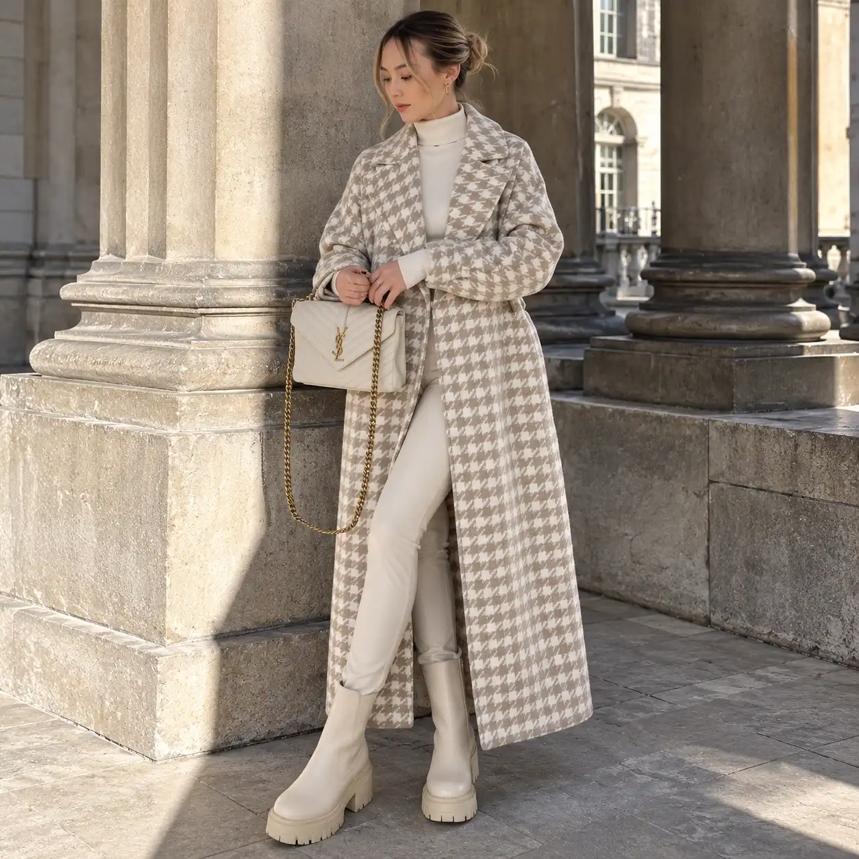 Cruella de Vil Beige Houndstooth Maxi Wool Coat
