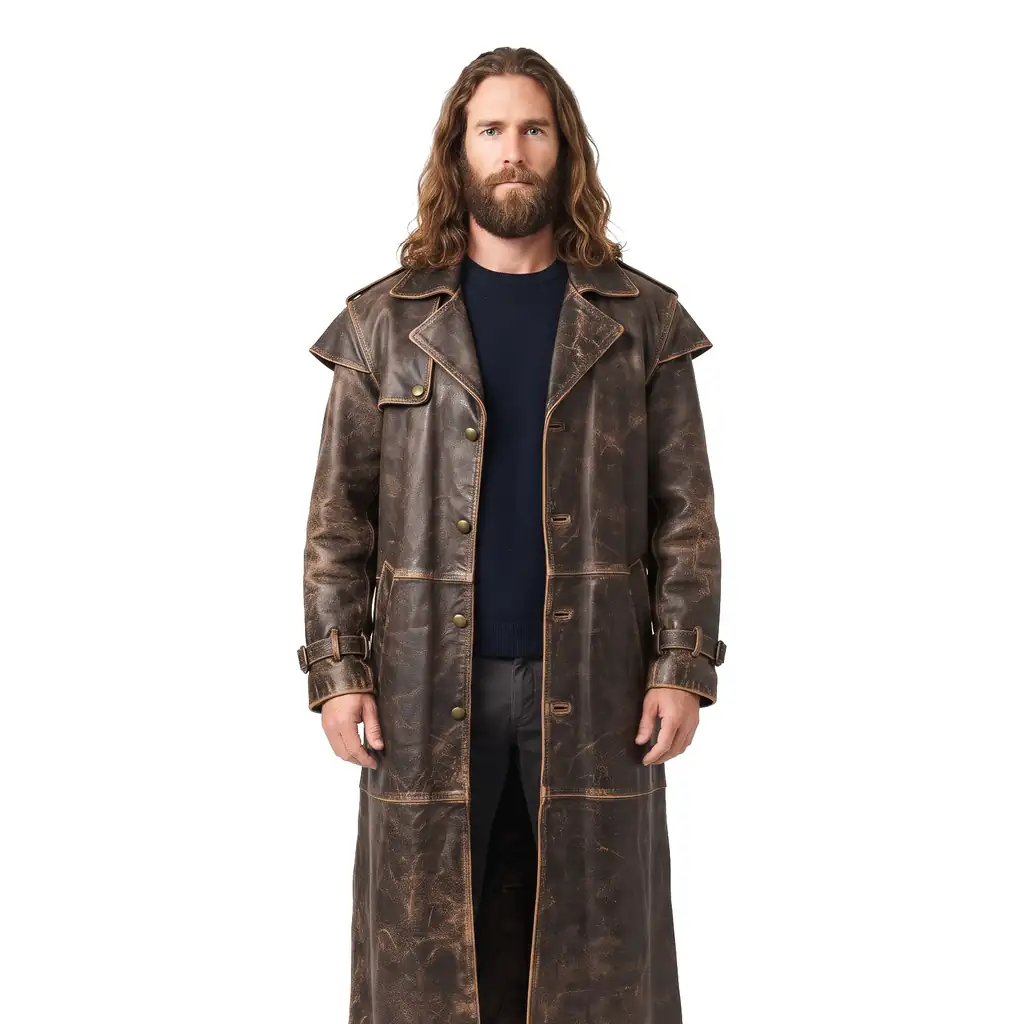 Distressed Brown Leather Duster