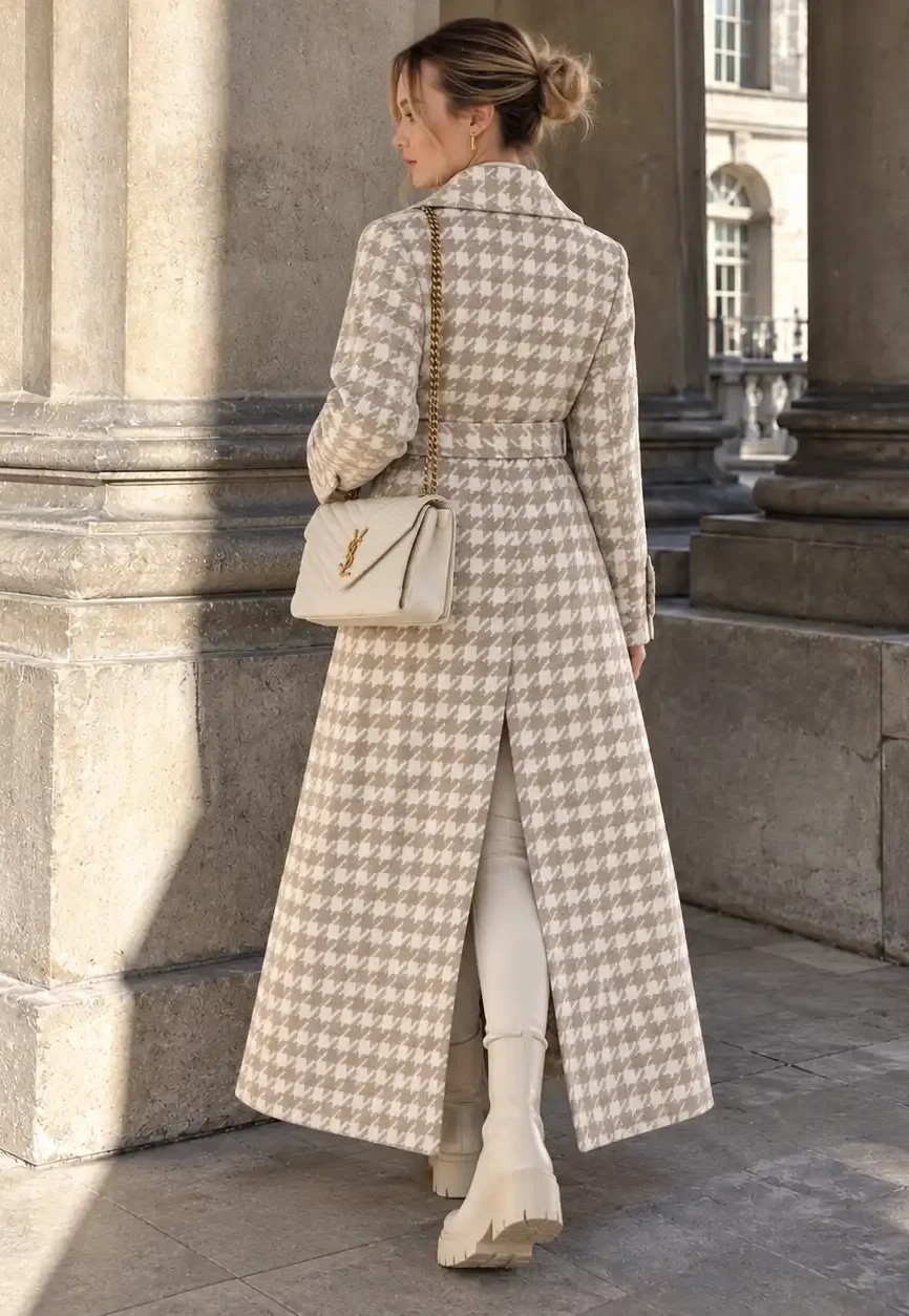 Cruella de Vil Beige Houndstooth Maxi Wool Coat