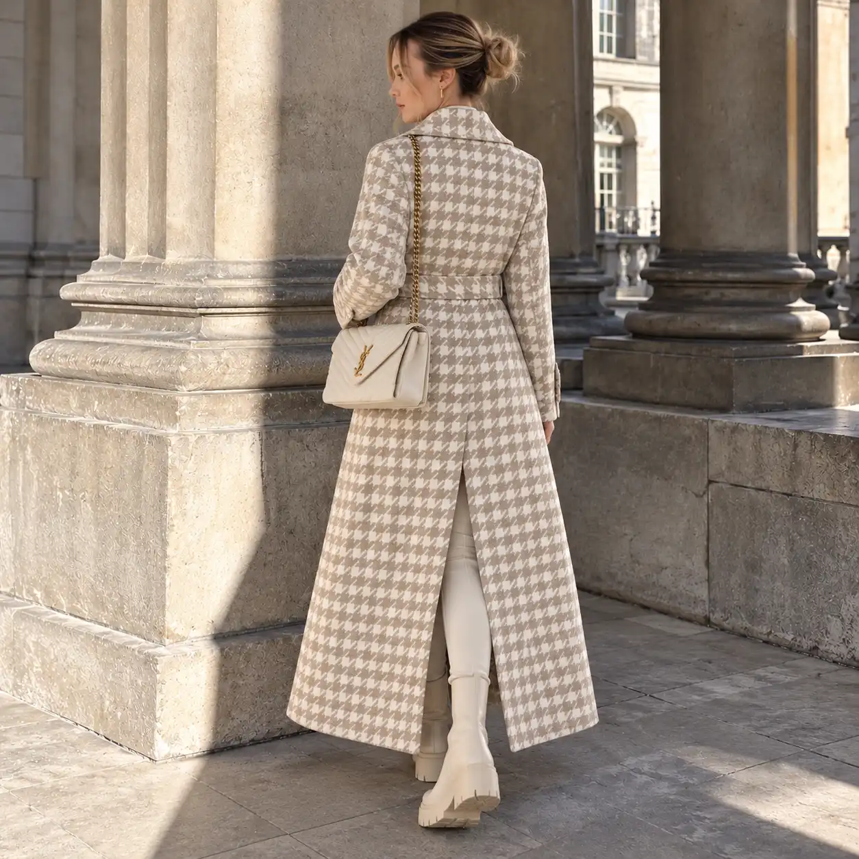 Cruella de Vil Beige Houndstooth Maxi Wool Coat