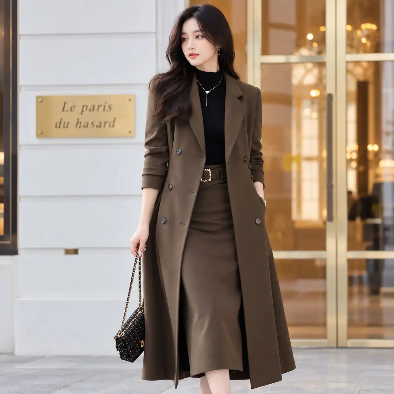 Emily in Paris Parisian Dark Olive Wool Maxi Coat
