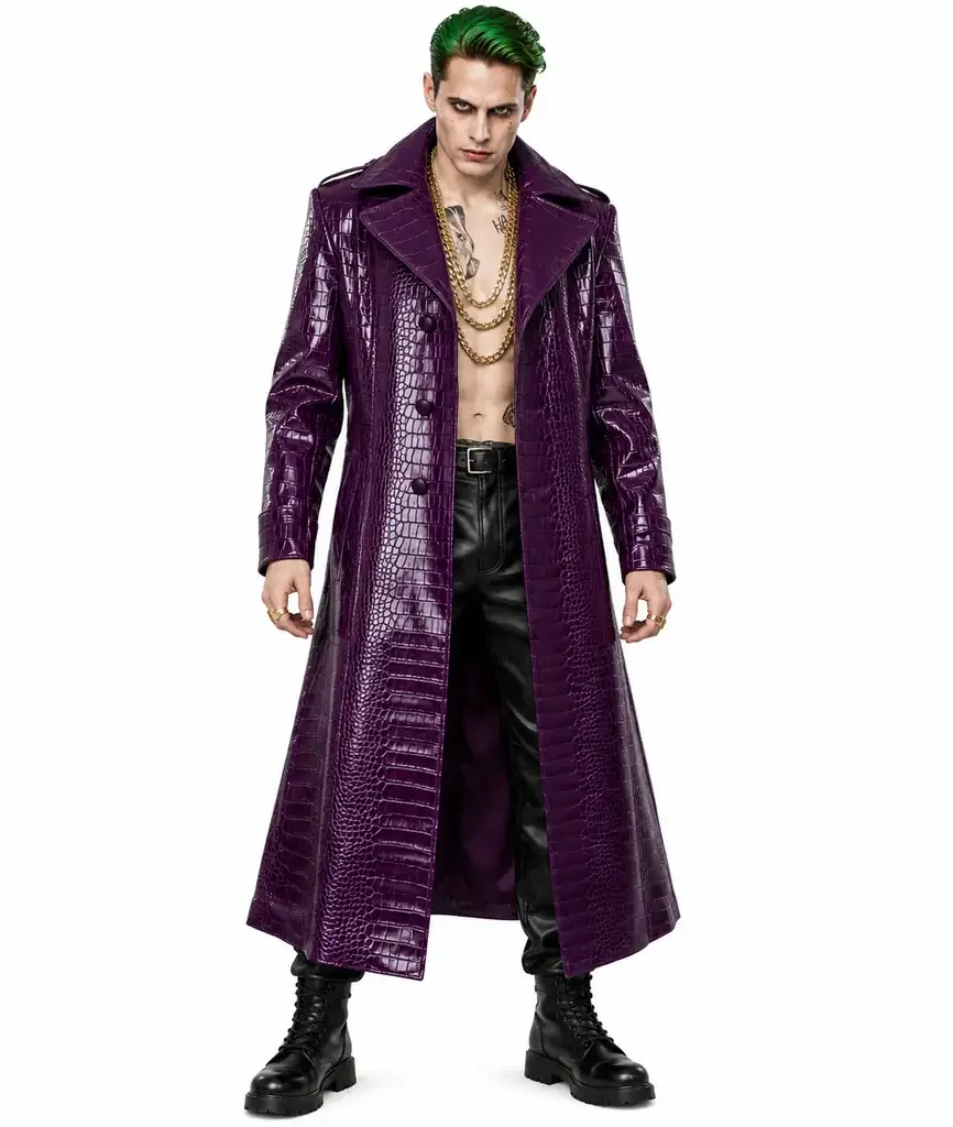 Joker Purple Leather Trench Coat