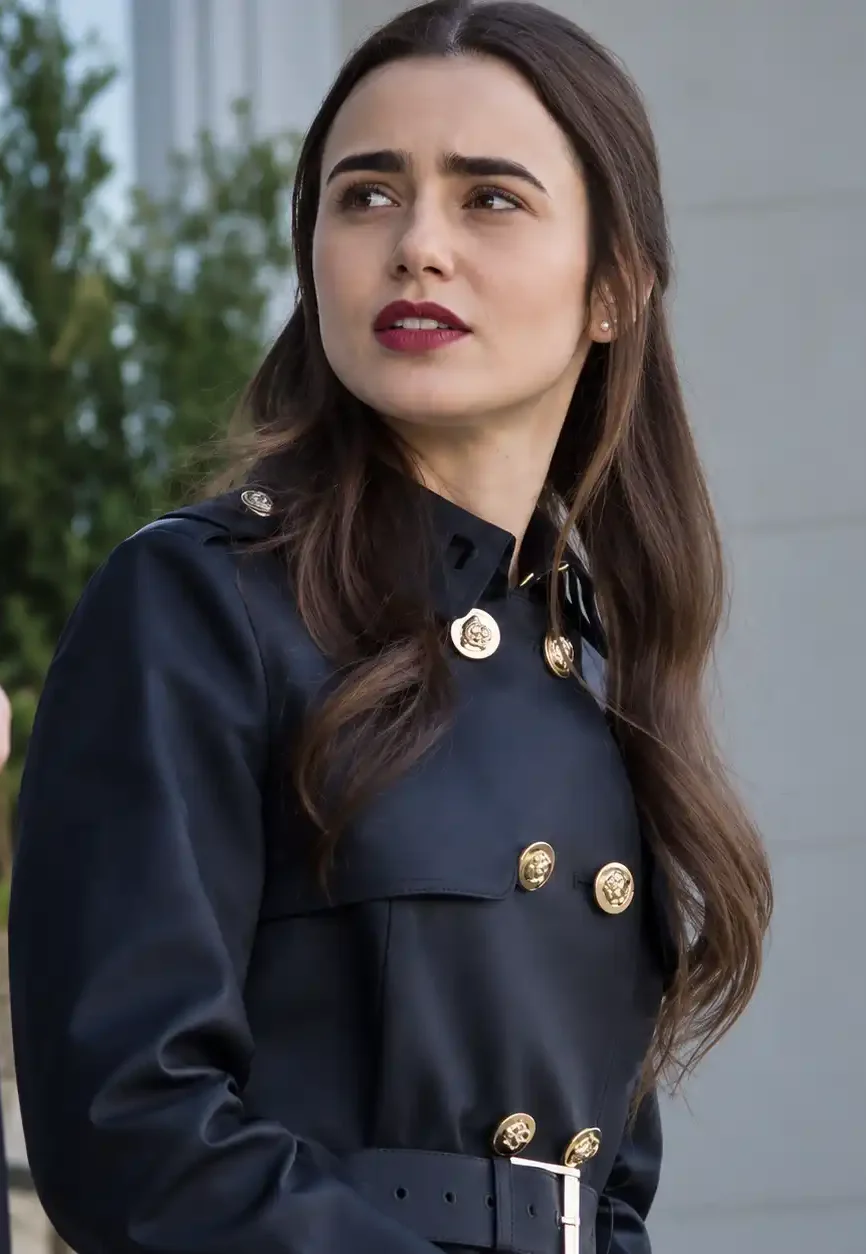 Lily Collins Emily in Paris Black Leather Trench Coat