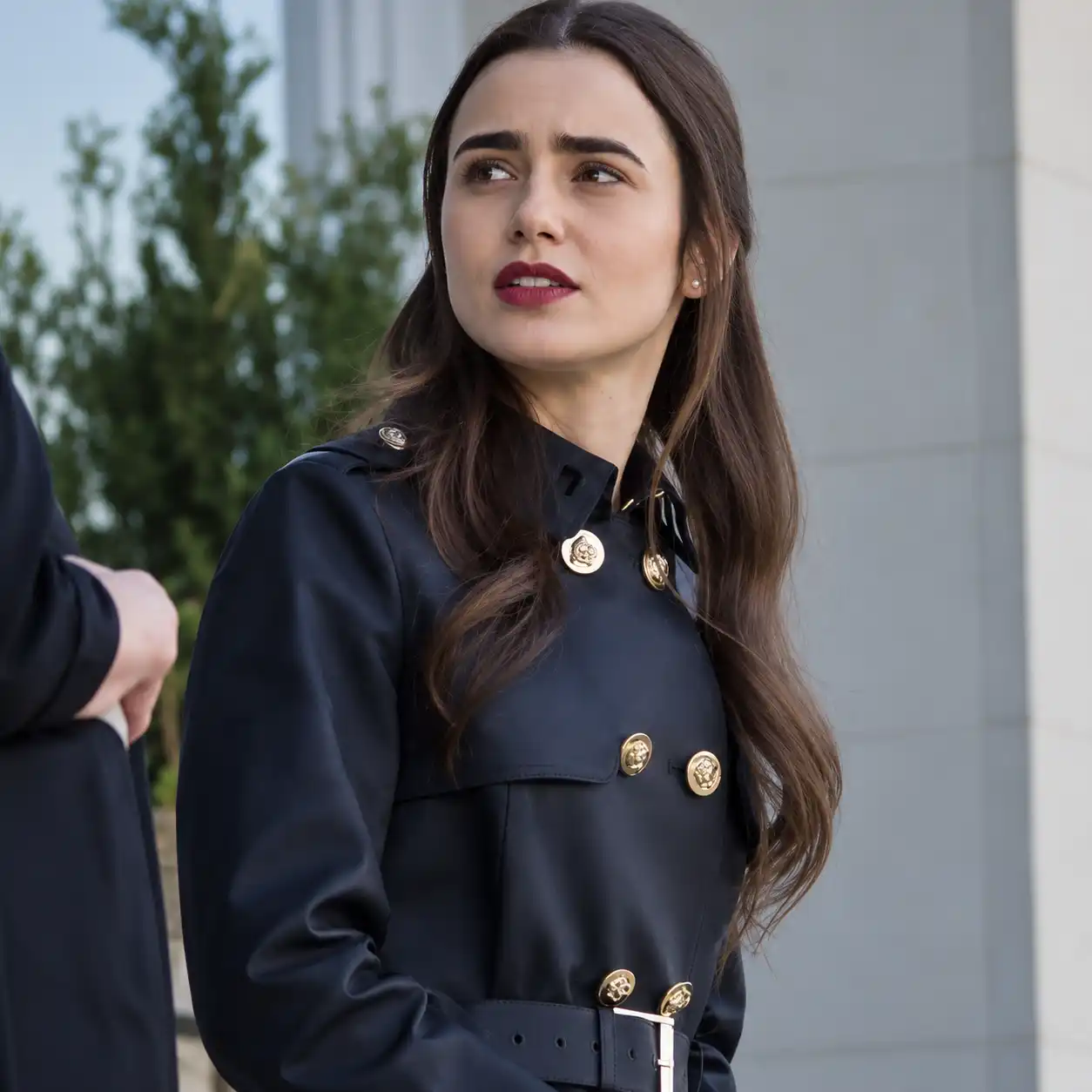 Lily Collins Emily in Paris Black Leather Trench Coat