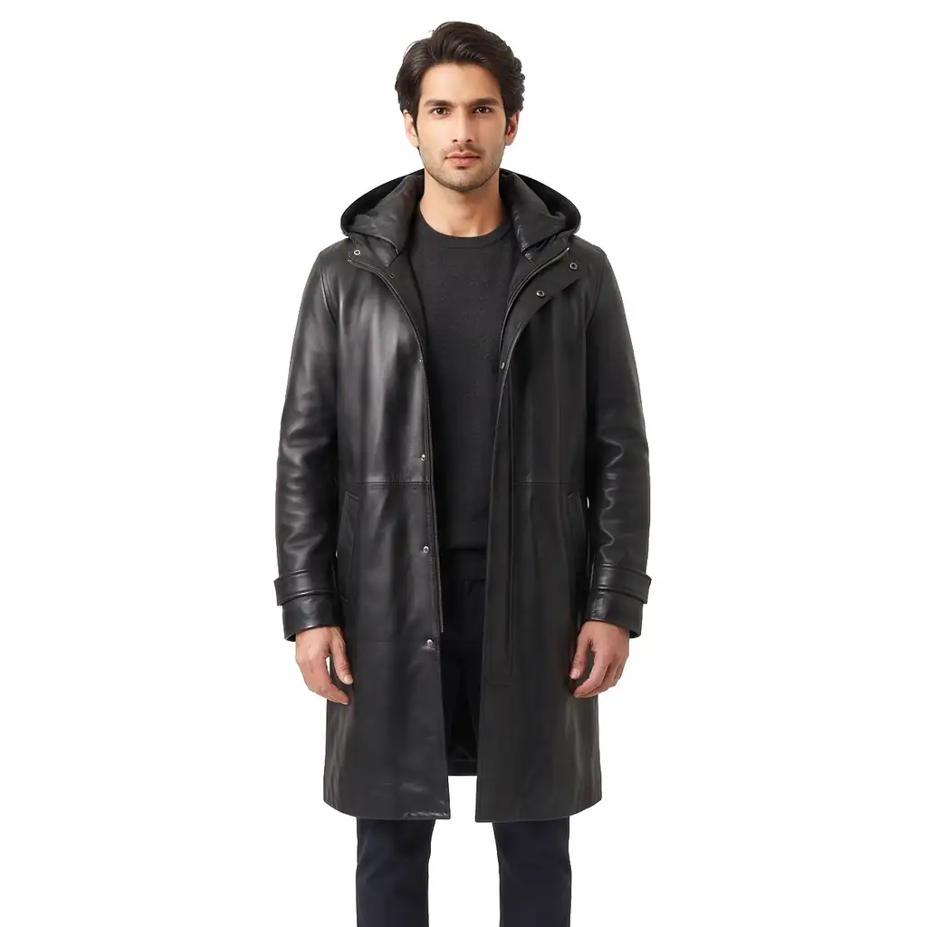 Long Hooded Leather Coat