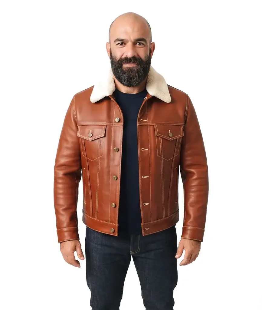 Shearling Collar Leather Trucker