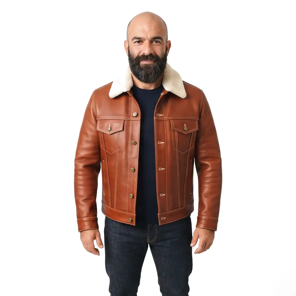 Shearling Collar Leather Trucker