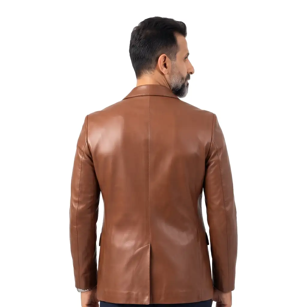 Single-Button Brown Leather Blazer