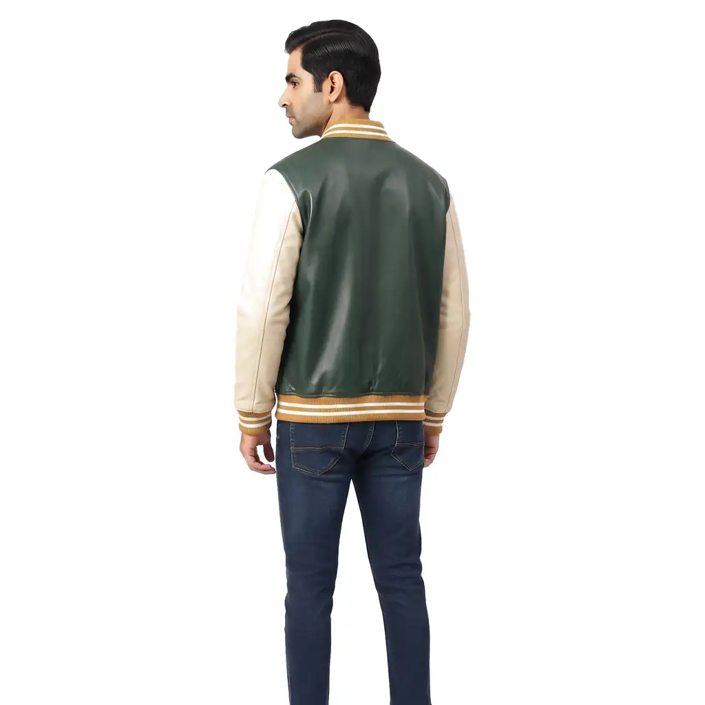 Striped Collar Leather Varsity Jacket