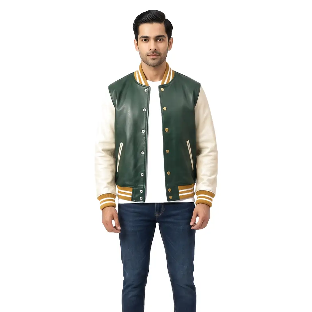 Striped Collar Leather Varsity Jacket