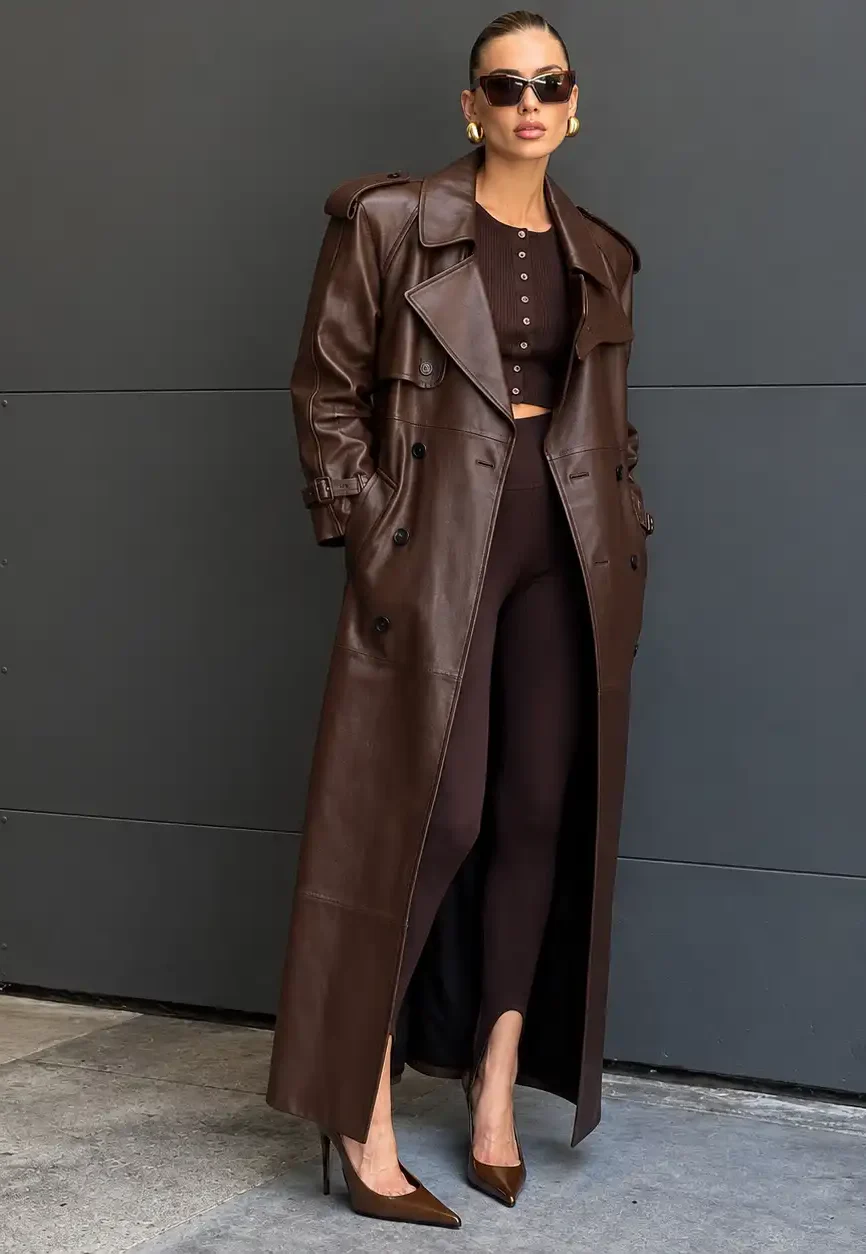 The Matrix Trinity Dark Chocolate Leather Maxi Trench Coat