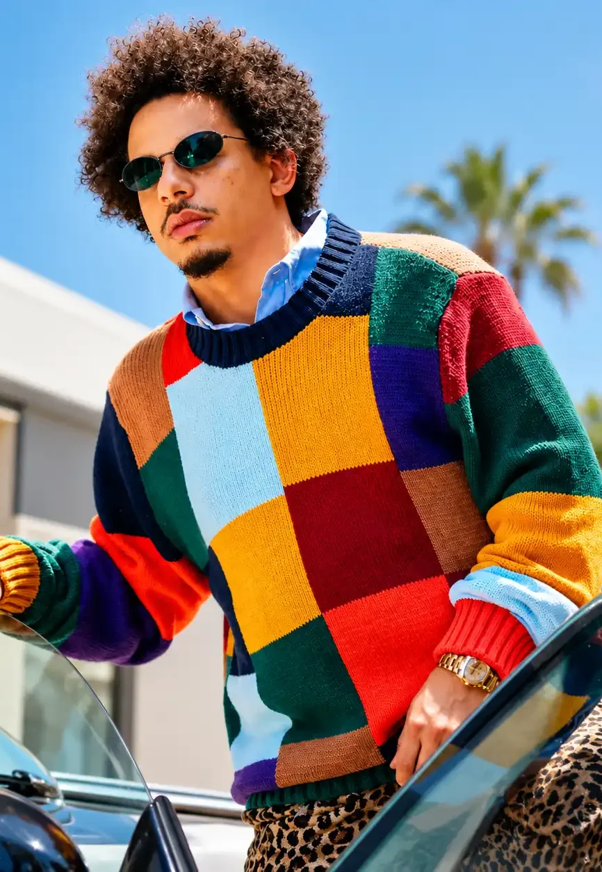 Eric Andre Colorful Patchwork Poolside Knit Sweater