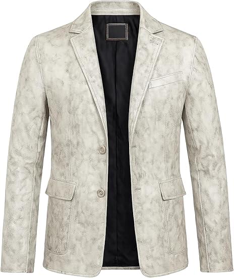 Men’s Distressed White Leather Jacket Blazer – Premium Two-Button Formal/Casual Coat