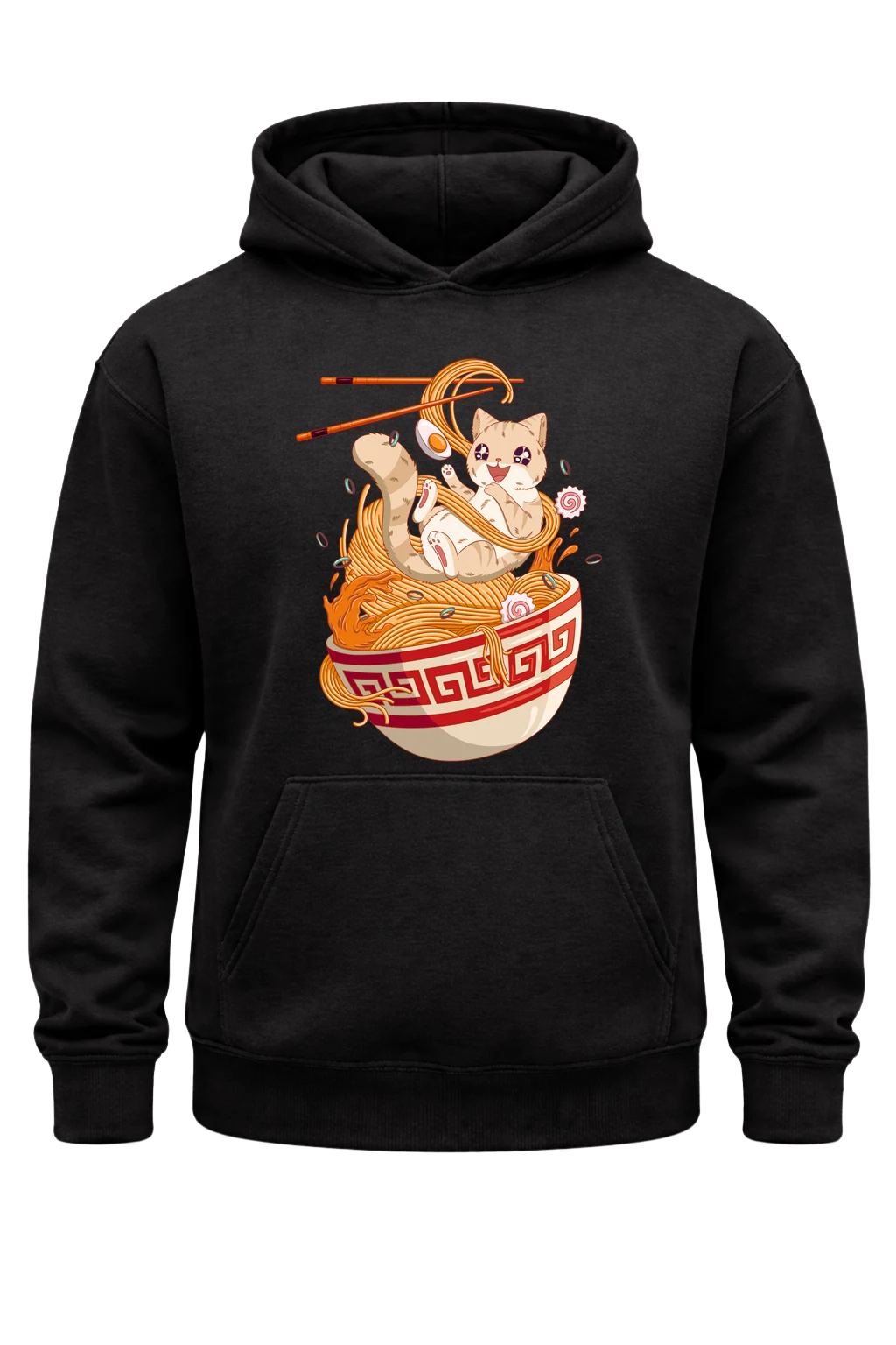 Kawaii Cat Ramen Black Print Hoodie